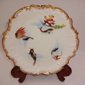 Antique Vintage AK Limoges A Klingenberg Fish Jellyfish 9" Plate Gold Rim France